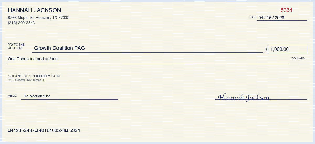 $1,000 from Hannah Jackson